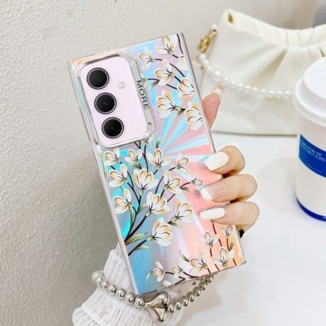 Чехол Electroplating Laser Flower Phone Case with Wrist Strap на Samsung Galaxy A35 5G - Pear Blossom