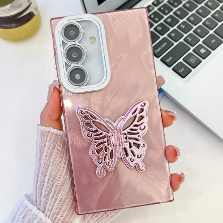 Противоударный чехол Plating Glitter Texture Butterfly для Samsung Galaxy S25+ 5G - Pink Feather Yarn
