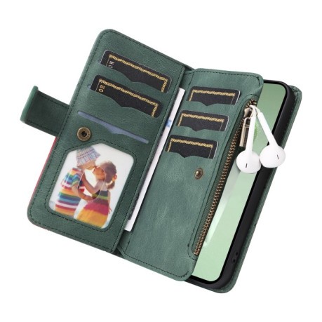 Чехол-книжка Dual-color 9 Card Slots Zipper Wallet Leather для Samsung Galaxy S24 FE 5G - зеленый