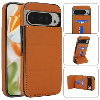 Противоударный чехол Tri-fold Holder Leather Phone Case with Card Slot для Google Pixel 9 / 9 Pro - коричневый