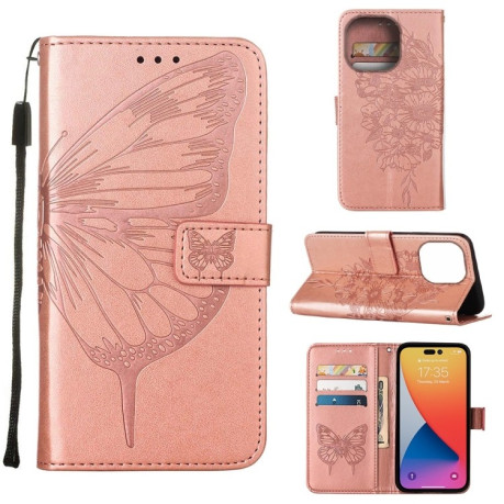 Чехол-книжка Embossed Butterfly для  iPhone 14 Pro - розовое золото