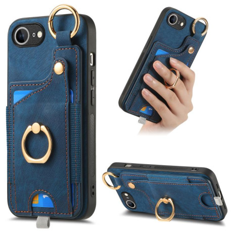 Чехол Retro Skin-feel Ring Card Bag для iPhone 16e - синий
