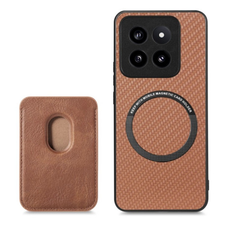 Чехол Carbon Fiber Leather Card Magnetic на Xiaomi 14 Pro - коричневый