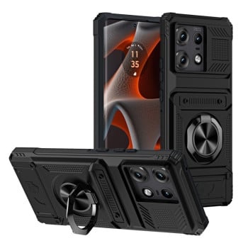 Противоударный чехол Shockproof Card Slot Phone Case with Metal Ring Holder для Motorola Edge 50 Pro - черный