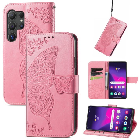 Чехол-книжка Butterfly Love Flower Embossed для Samsung Galaxy S24 Ultra 5G - розовый