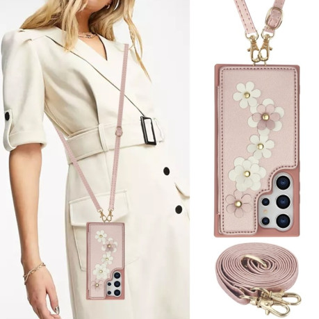 Чехол Crossbody Flower Pattern Leather на Samsung Galaxy S25 Ultra 5G - розовое золото