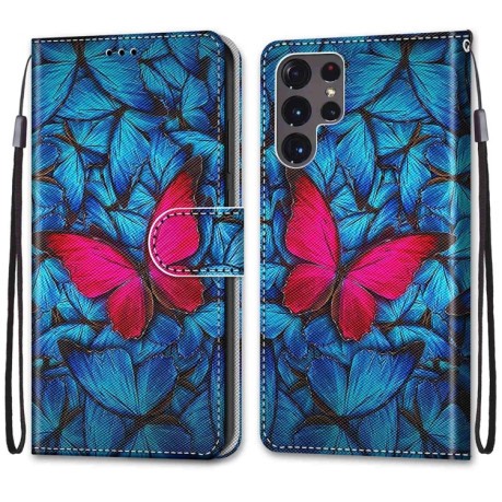 Чехол-книжка Coloured Drawing Cross для Samsung Galaxy S22 Ultra 5G - Big Red Butterfly On Blue