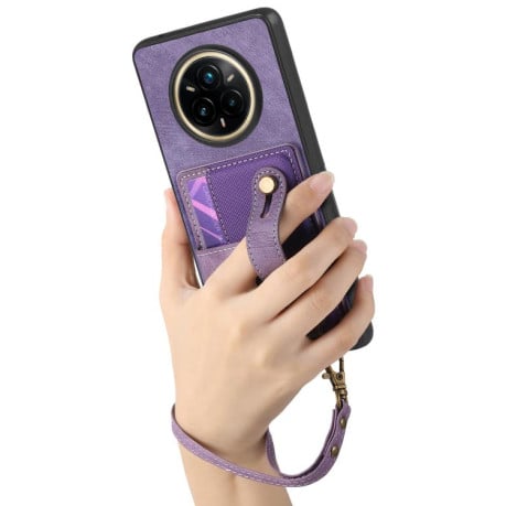 Противоударный чехол Retro Cross Wristband Wallet Leather для Realme 14 Pro+ - фіолетовий