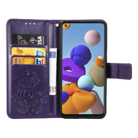 Чехол Four-leaf Clasp Embossed Buckle на Samsung Galaxy A21s - фиолетовый