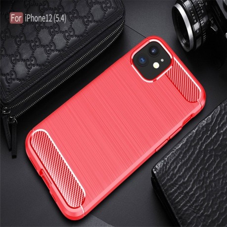 Чехол Brushed Texture Carbon Fiber на iPhone 12 Mini - красный