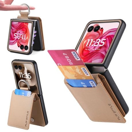 Противоударный чехол Litchi Texture Leather Ring Wallet  на Motorola Razr 60 Ultra - хаки