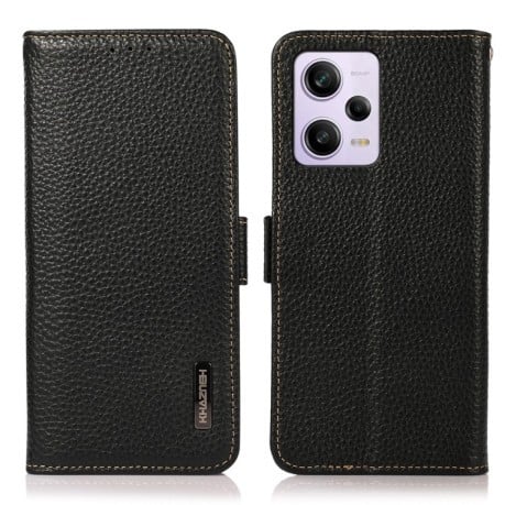 Кожаный чехол-книжка KHAZNEH Genuine Leather RFID для Xiaomi Redmi Note 12 Pro 5G/Poco X5 Pro - черный