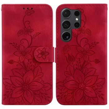 Чехол-книжка с тиснением Lily и магнитной застежкой на Samsung Galaxy S24 Ultra 5G - красный