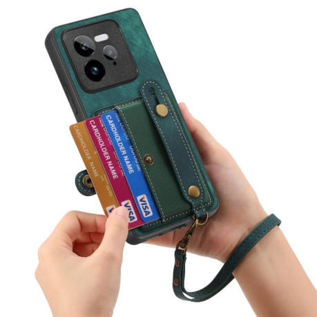 Противоударный чехол Retro Cross Wristband Wallet Leather для Realme GT 7 Pro - зеленый