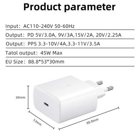 Скоростное зарядное устройство + кабель M135 45W USB-C / Type-C Port Fast Charger with 5A Type-C to Type-C Cable, EU Plug - белый