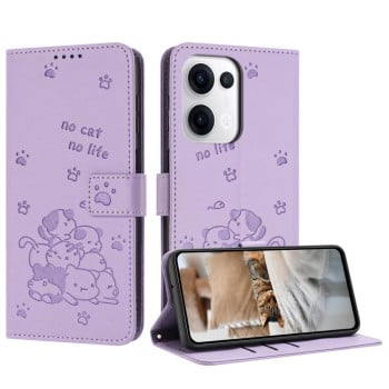Чехол-книжка Embossed Kitten Phone Leather для OPPO Reno13 5G Global - фиолетовый