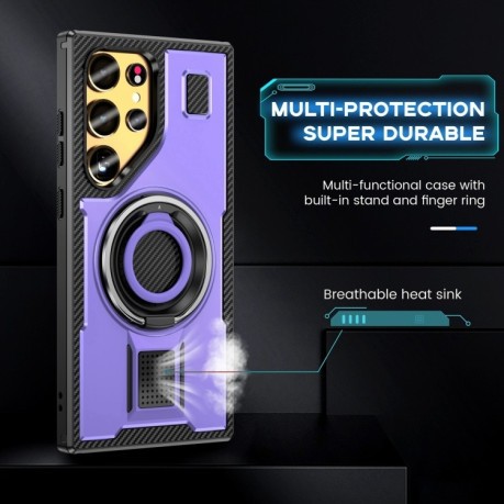 Протиударний чохол Ring Holder Carbon Fiber PC Hybrid TPU  для Samsung Galaxy S25 Ultra 5G - фіолетовий