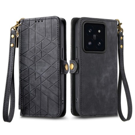 Чехол-книжка Geometric Zipper Wallet Side Buckle Leather для Xiaomi 14 - черный