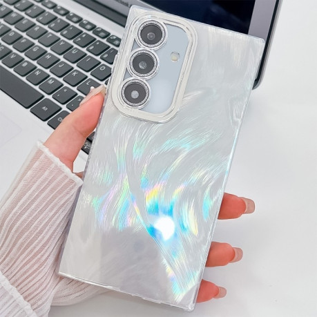 Противоударный чехол Plating Glitter Texture TPU with Lens Film для Samsung Galaxy S25 5G - White Feather Yarn