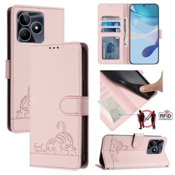 Чехол-книжка Cat Embossing Pattern на Realme Note 50 4G Global - розовый