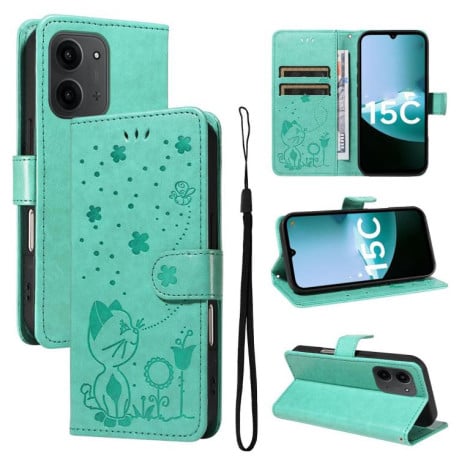 Чехол-книжка Cat Embossing Pattern на Xiaomi Redmi 15C 5G / 4G EU 173mm - зеленый