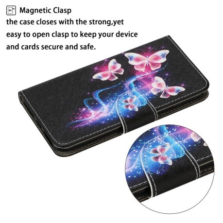 Чехол-книжка Coloured Drawing Pattern для Samsung Galaxy M32/A22 4G - Three Fluorescent Butterflies