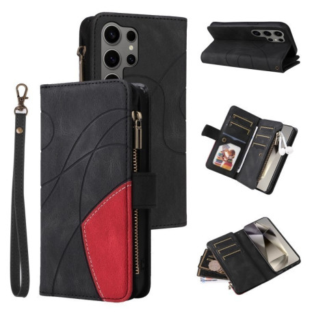 Чехол-книжка Dual-color 9 Card Slots Zipper Wallet Leather для Samsung Galaxy S25 Ultra 5G - черный