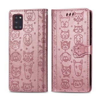 Чехол-книжка Cute Cat and Dog Embossed на Samsung Galaxy A31 - розовое золото