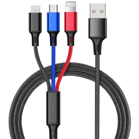 Універсальний зарядний кабель 1.2m Nylon Weave 3 in 1 2.4A USB to Micro USB + 8 Pin + Type-C Charging Cable для Samsung/iPhone/iPad - чорний