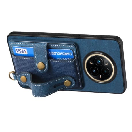 Противоударний чехол Retro Cross Wristband Wallet Leather для Realme 14 Pro+ - синій