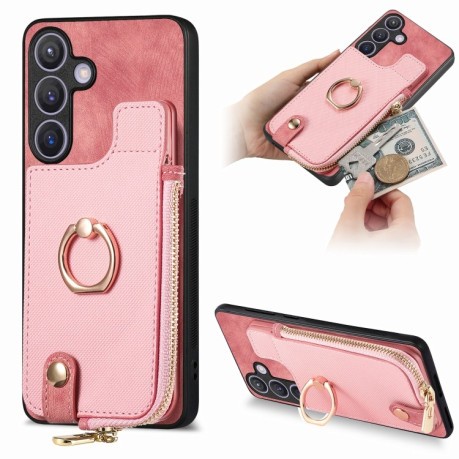 Чохол Cross Leather Ring Vertical Zipper Wallet на Samsung Galaxy S24 5G - рожевий