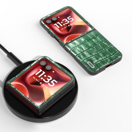 Противоударный чехол ABEEL Crocodile Texture Genuine Leather для Motorola Razr 60 Ultra - зелений