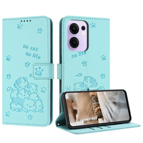 Чехол-книжка Embossed Kitten Phone Leather для OPPO Reno13 F/Reno13 FS- зеленый