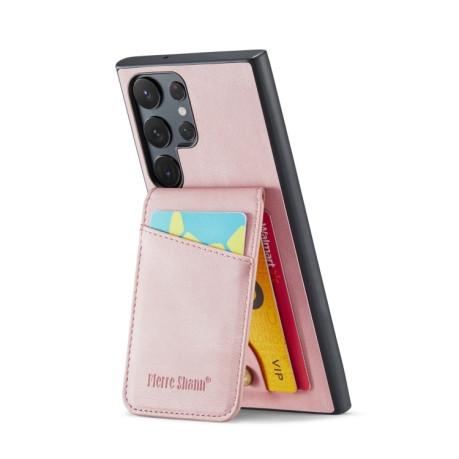 Противоударный чехол Fierre Shann Crazy Horse Card Holder для Samsung Galaxy S24 Ultra 5G - розовый