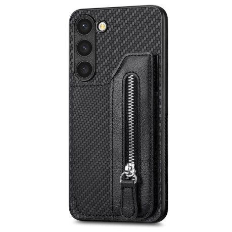 Противоударный чехол Carbon Ffiber Flip Zipper Wallet для Samsung Galaxy S23+Plus 5G - черный