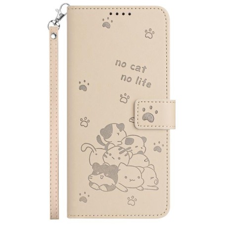 Чехол-книжка Embossed Kitten Phone Leather для OPPO Reno13 5G Global - бежевый