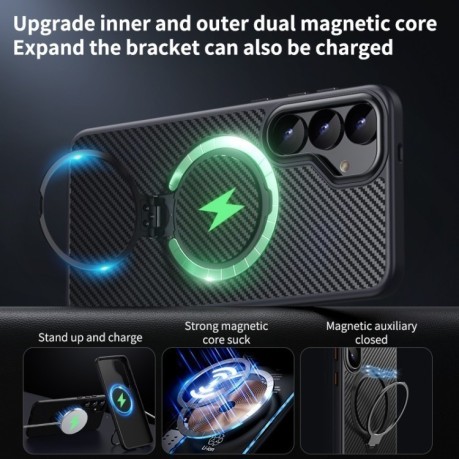 Чохол Double Ring MagSafe Holder Carbon Fibre  для Samsung Galaxy S25+ 5G - сріблястий