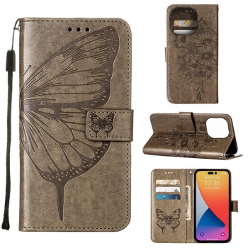Чохол-книжка з тисненням &quot;метелика&quot; та магнітним хлястиком на iPhone 14 Pro Max - сірий