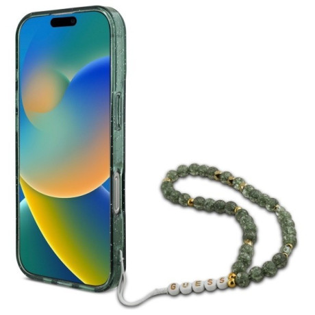 Оригинальный чехол Guess IML Glitter With Pearl Strap MagSafe для iPhone 16 Pro Max - green
