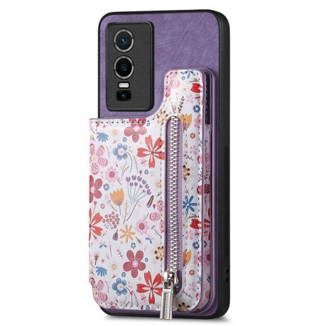Противоударный чехол Retro Painted Zipper Wallet для Vivo Y76 5G - фиолетовый