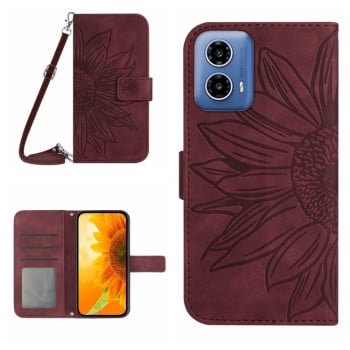 Чехол-книжка Skin Feel с рисунком подсолнуха на Motorola Moto G35 5G - винно-красный