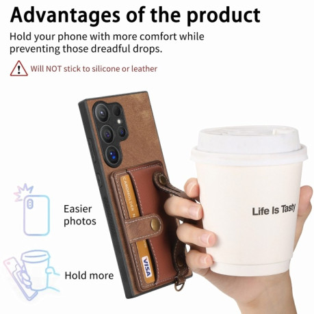 Противоударный чехол Retro Cross Wristband Wallet Leather для Samsung Galaxy S24 Ultra 5G - коричневый