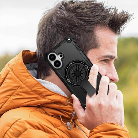 Противоударный чехол Shockproof Kickstand Metallic Shaft MagSafe на iPhone 17 - черный