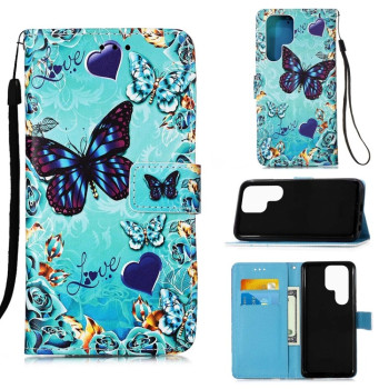 Чехол-книжка Colored Drawing Pattern для Samsung Galaxy S22 Ultra 5G - Heart Butterfly