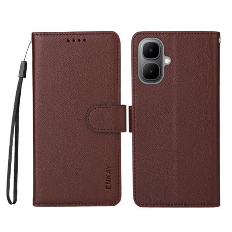 Чохол-книжка ENKAY RFID Blocking Wallet Kickstand з фактурою Litchi та магнітним хлястиком на Infinix Smart 10 4G - коричневий