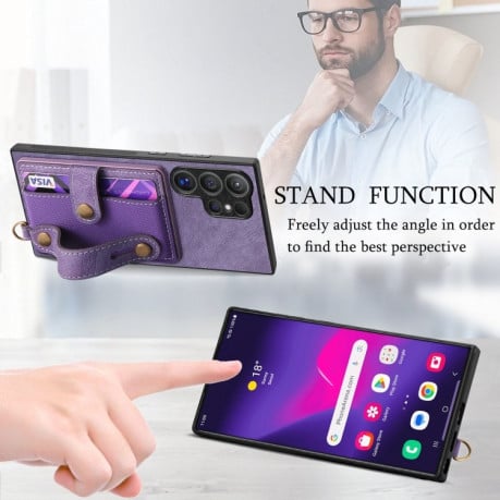 Протиударний чохол Retro Cross Wristband Wallet Leather для Samsung Galaxy S24 Ultra 5G - фіолетовий