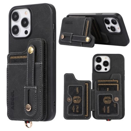 Противоударный чехол ABEEL Litchi Texture Card Bag для iPhone 15 Plus - черный