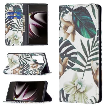 Чехол-книжка Colored Drawing Pattern Invisible для Samsung Galaxy S22 Ultra 5G - Red Leaves