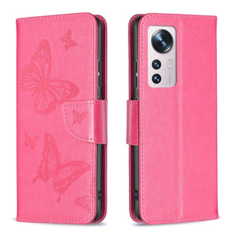 Чехол-книжка Butterflies Pattern на Xiaomi Mi 12 - пурпурно-красный