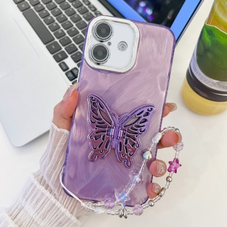 Противоударный чехол Plating Glitter Lens Film Texture Butterfly Holder Wristband для iPhone 16 - Purple Feather Yarn